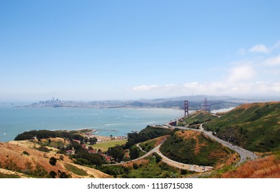 Wide View Over The San Francisco Bay With The Golden Gate Bridge And The Skyline Of San Francisco, Seen From The Marin Headlands, Marin County, California
