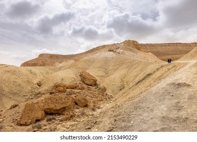 Wide View Of Steep Desert Mountains And Edged Cliffs, Vast Canyon Of And Winding River (Nahal Zin) With Fertile Vegetation. Hot Summer Morning In Midreshet Ben-Gurion, Negev, Israel