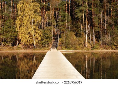 Wide viewing angle from Baltieji Lakajai Pier in Labanoras Regional Park, leading to a wooden staircase among the autumn forest.