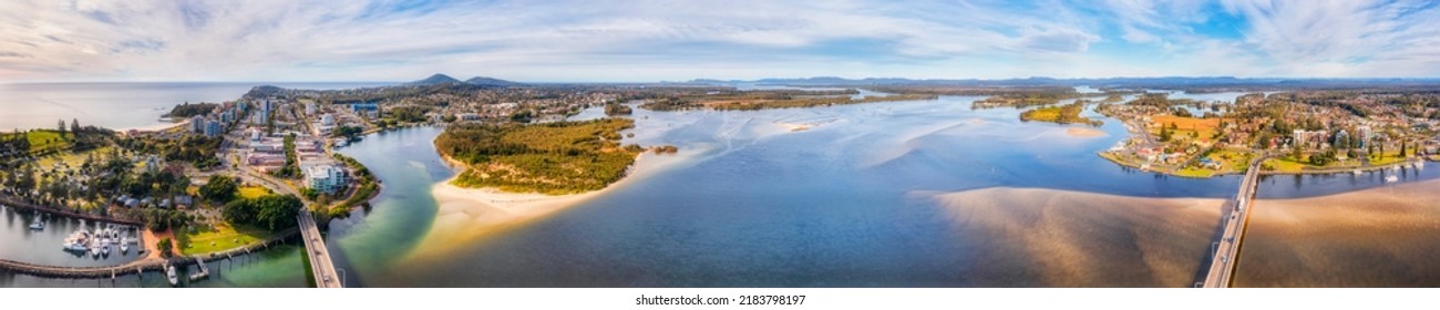 Wide Wallis Lake Coolongolook River Between Forster And Tuncurry Towns On AUstralian Pacific Coast - Aerial Panorama.