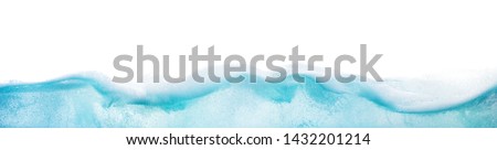 Wide web banner design of abstract blue water surface splitted by waterline to underwater and sky parts isolated on white background with foam on surface