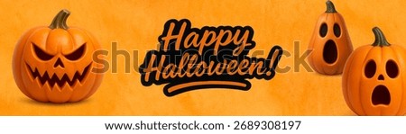 Wide web header with “Happy Halloween” lettering and jack-o-lantern pumpkins on orange texture, large copy space for headline; for halloween events. 