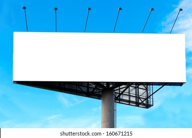 Wide White Background Of Illuminated Big Blank Billboard Over Cloudy Blue Sky