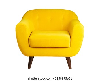 wide yellow upholstered armchair with fabric upholstery on wooden legs in retro style, isolated on a white background - Shutterstock ID 2159995651