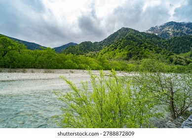 A wide-angle alpine landscape looking through fresh green foliage at a crystal-clear river and misty mountains.