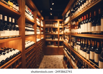 Wide-angle interior shot of big cellar in wine shop with wooden shelves for alcohol drinks. Long corridor of wine collection in elite alcoholic beverages. - Powered by Shutterstock