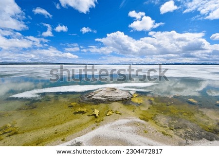 Wide-angle landscape panorama of West Thumb Geyser Basin - Yellowstone National Park, Wyoming, USA