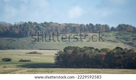 wide-angle panorama scenic autumn view of woodland copse, chalkland meadows and a tump, Sidbury Hill, Wiltshire