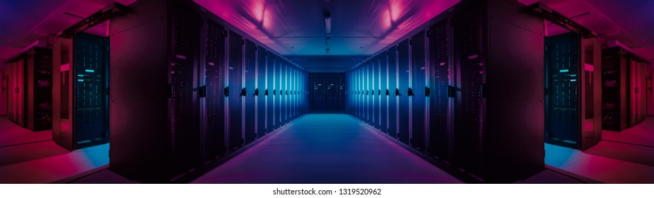 Wide-Angle Panorama Shot of a Working Data Center With Rows of Rack Servers. Red Emergency Led Lights Blinking and Computers are Working. Dark Ambient Light. - Shutterstock ID 1319520962