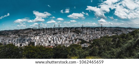 Wide-angle panorama of an urban landscape of a small town Juiz de Fora in the Minas Gerais state of Brazil: plants and trees in the foreground, multiple houses, favelas, and hills in the background