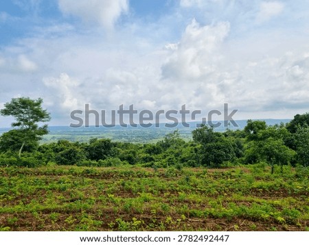 A wide-angle panoramic view of a lush green hillside landscape under a bright, partly cloudy sky.