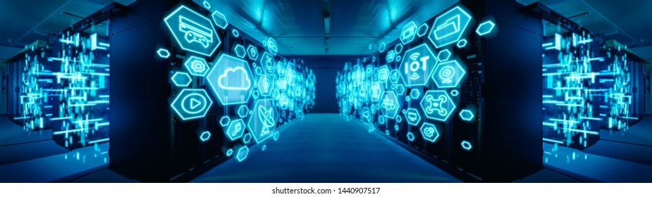 Wide-Angle Shot of a Working Data Center With Rows of Rack Servers with Different Computer Illustrative Icons and Symbols in the Foreground. Internet Technology Concept with Blue Lights.