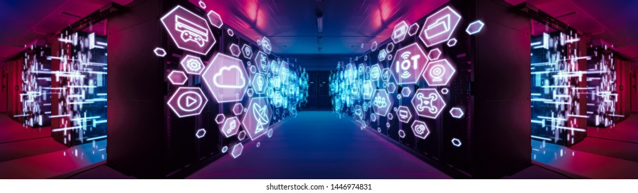 Wide-Angle Shot of a Working Data Center With Rows of Rack Servers with Different Computer Illustrative Icons and Symbols in the Foreground. Internet Technology Concept with Red Emergency Lights.