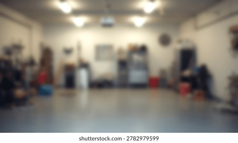 A wide-angle, slightly blurred interior view of a garage filled with various items including storage shelves, tools, and red buckets.