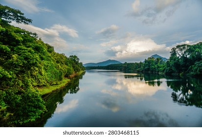 A wide-angle, tranquil view of a calm river flowing through a dense tropical forest. The peaceful water reflects the cloudy evening sky and surrounding green trees, with distant mountains visible on the horizon.