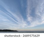 Wide-angle view of a dramatic blue sky filled with sweeping, thin cirrus clouds over a calm ocean surface and a distant, dark tree line at sunset or twilight.