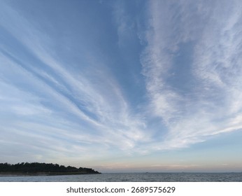 Wide-angle view of a dramatic blue sky filled with sweeping, thin cirrus clouds over a calm ocean surface and a distant, dark tree line at sunset or twilight.