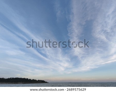 Wide-angle view of a dramatic blue sky filled with sweeping, thin cirrus clouds over a calm ocean surface and a distant, dark tree line at sunset or twilight.