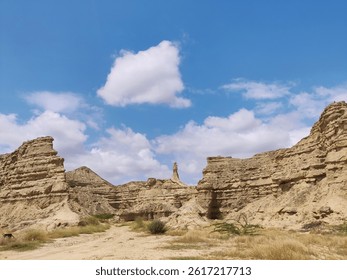 A wide-angle view of dramatic rock formations in a dry desert terrain under a bright blue sky with scattered clouds. The rugged cliffs and sandy ground create a stunning natural scene