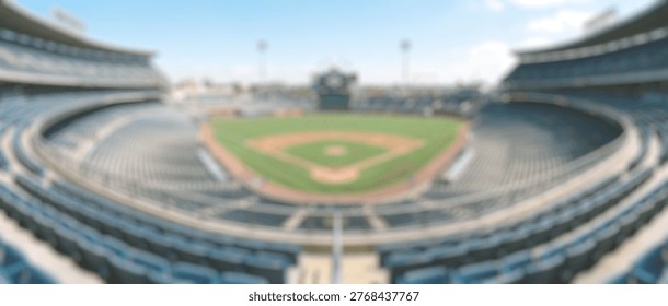 A wide-angle view of an empty baseball stadium, showcasing the meticulously maintained green field, the iconic diamond, and rows of blue seating under a bright, clear sky.