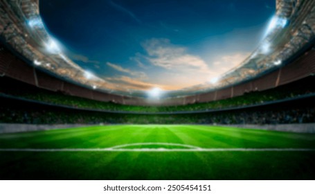 Wide-angle view of a football stadium under evening lights, perfect as a dynamic sports background