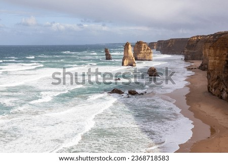 Wideangle view of icoinc Twelve Apostles rock formations at Great Ocean Road, Victoria, Australia