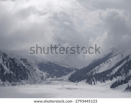 Wide-angle view of a massive alpine valley basin completely buried under heavy winter snow