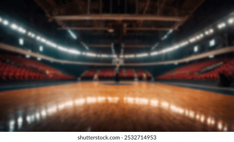 A wide-angle view of a modern indoor basketball court, captured from behind the hoop. Bright arena lights illuminate the empty court, ideal for sports events or backgrounds. - Powered by Shutterstock