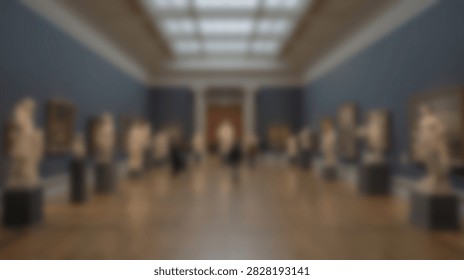 A wide-angle view of a museum interior showcasing classical sculptures and busts arranged on pedestals in a spacious hall.