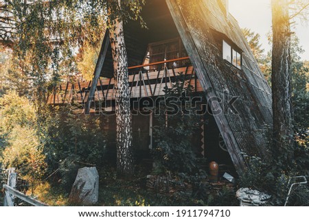 A wide-angle view of an old wooden summerhouse in a countryside surrounded by birches, bushes, and plants, with a triangle roof going to the ground in a desolate garden on a warm sunny day in a shadow
