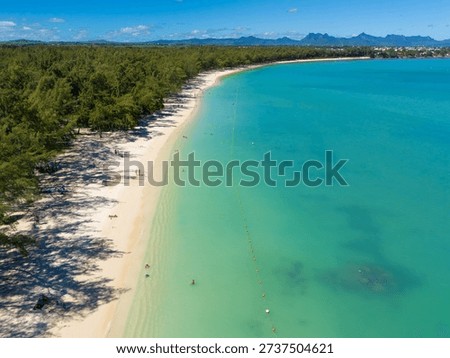 Wide-angle view of a pristine tropical beach in Mauritius, featuring soft golden sand, swaying palm trees, and calm turquoise waters under a dramatic cloudy sky. A serene Indian Ocean coastline perfect for travel, relaxation, and island getaway concepts.
