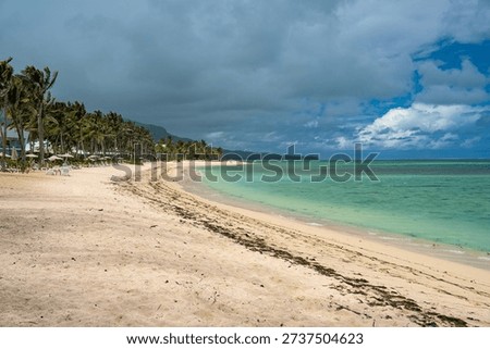 Wide-angle view of a pristine tropical beach in Mauritius, featuring soft golden sand, swaying palm trees, and calm turquoise waters under a dramatic cloudy sky. A serene Indian Ocean coastline perfect for travel, relaxation, and island getaway concepts.
