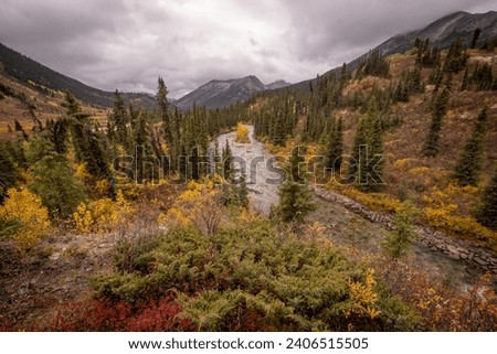 Wideangle view of the Rose River,Yukon,Canada, in autumn, from the South Canol Road
