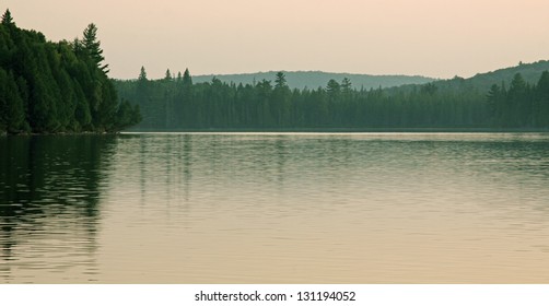 A Wide-angle View Of The Treeline Of Otterslide Lake In Algonquin Provincial Park, In Ontario, Canada.