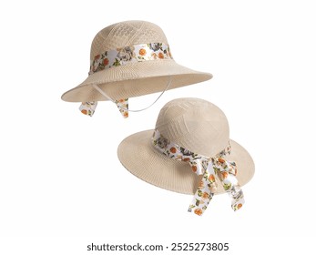 Wide-brimmed straw hat with floral ribbon, featuring a delicate design that combines practicality and style, perfect for sunny outings or relaxing by the beach. - Powered by Shutterstock