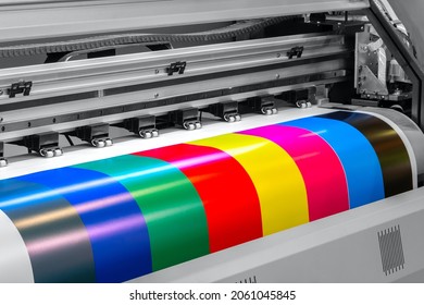 Wide-format inkjet printer, prints color stripes for proofing - Shutterstock ID 2061045845