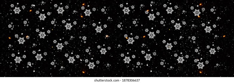 Widescreen Black Background With Snow And Snowflakes Overlay, Banner, Winter Concept