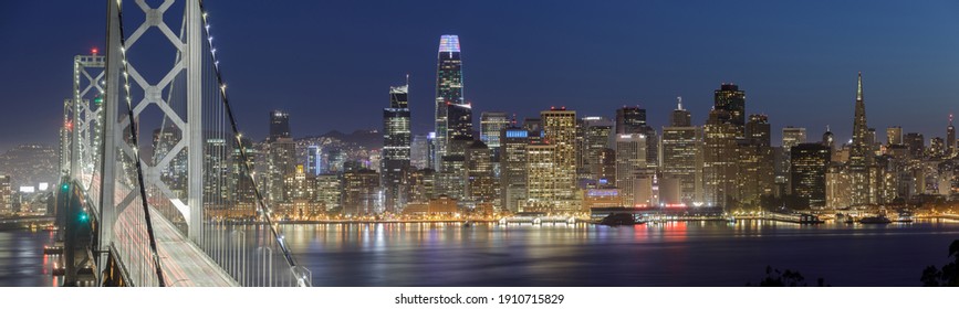 Widescreen Panoramic Views of San Francisco Bay Bridge and Waterfront at the Blue Hour - Powered by Shutterstock