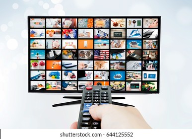 Widescreen Ultra High Definition TV Screen With Video Broadcast. Television Tv Stream Video Broadcast Advertising Watching Multimedia Concept