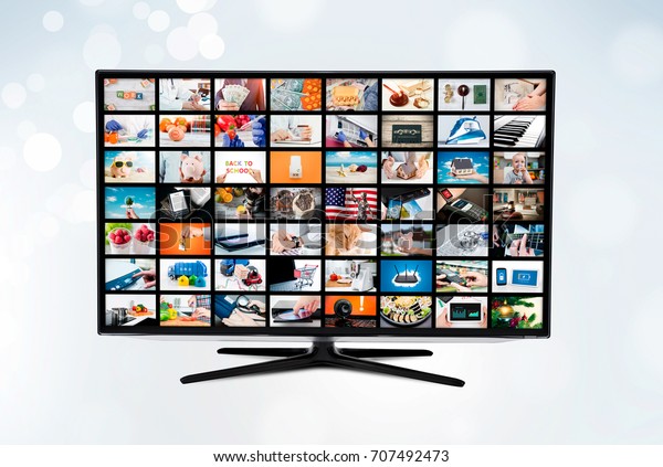 Widescreen ultra high definition TV screen with\
video broadcast. television tv stream video broadcast advertising\
watching multimedia\
concept