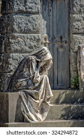 Widow Marble Statue Outside A Tomb Cemetery