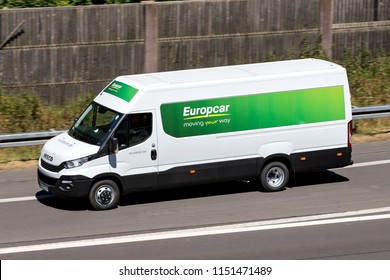 WIEHL, GERMANY - JULY 7, 2018: Iveco Daily of Europcar on motorway. Europcar Mobility Group is a French car rental company founded in 1949 in Paris