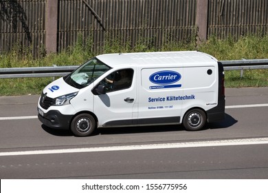 WIEHL, GERMANY - JUNE 24, 2019: Carrier Renault Trafic Van On Motorway.