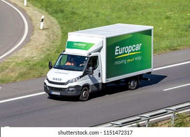 WIEHL, GERMANY - JUNE 29, 2018: Iveco Daily of Europcar on motorway. Europcar Mobility Group is a French car rental company founded in 1949 in Paris.