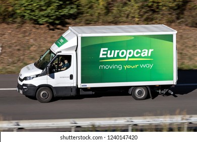WIEHL, GERMANY - OCTOBER 13, 2018: Iveco Daily of Europcar on motorway. Europcar Mobility Group is a French car rental company founded in 1949 in Paris.