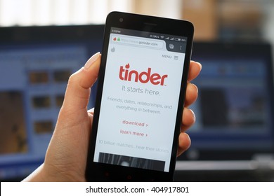WIELICZKA, POLAND - 12 APRIL 2016. Tinder app on mobile screen. Tinder is dating and social discovery application.