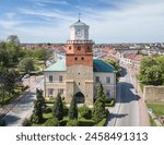 Wielun, Poland. Aerial view of Krakow Gate (Brama Krakowska) and City Hall (Ratusz Miejski)