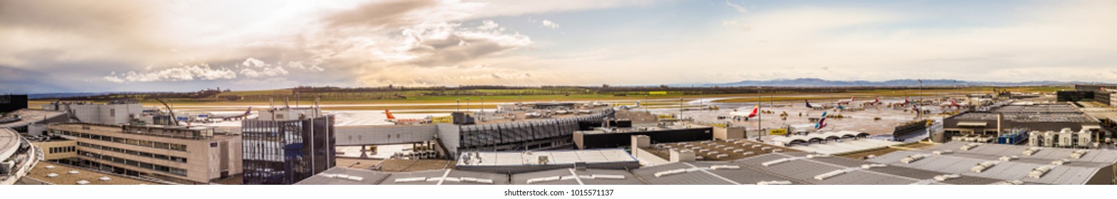 Wien, Austria, January 17, 2018: Daily Business At The Wien Schwechat International Airport, VIE, Panoramic 