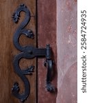 Wiener Neustadt, Austria - January 20, 2025: Fragment of a wooden historic door with iron fittings