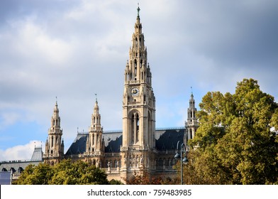 Wiener Rathaus - City Hall in Vienna, Austria, closeup on Neo-Gothic style towers.